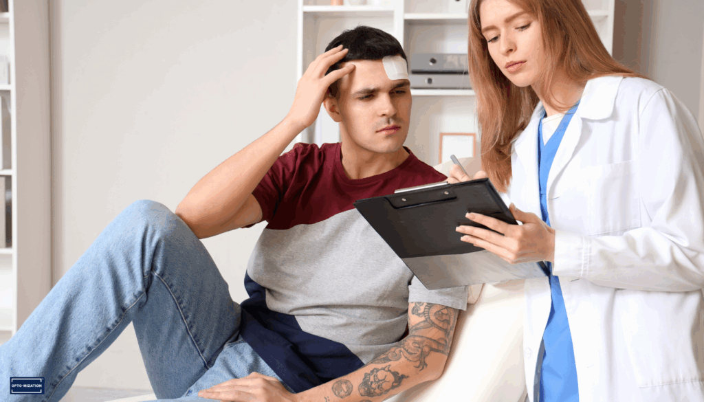 Man with a head injury consulting female eye doctor, discussing concussion recovery and vision therapy in a clinical setting.