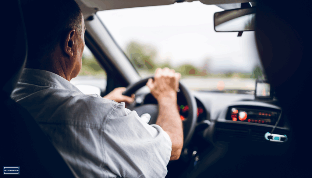 Older man driving a car, focusing on the road, emphasizing the importance of vision care for safe driving.
