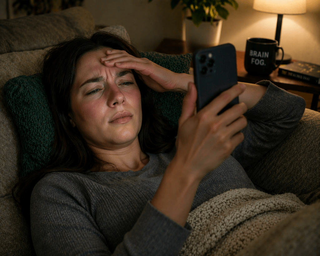 women having a headache while scrolling on her phone